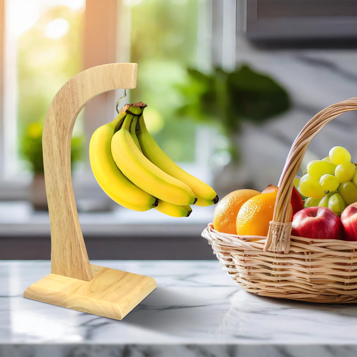 Banana Hanger with Rubber Wooden Stand with Metal Hook