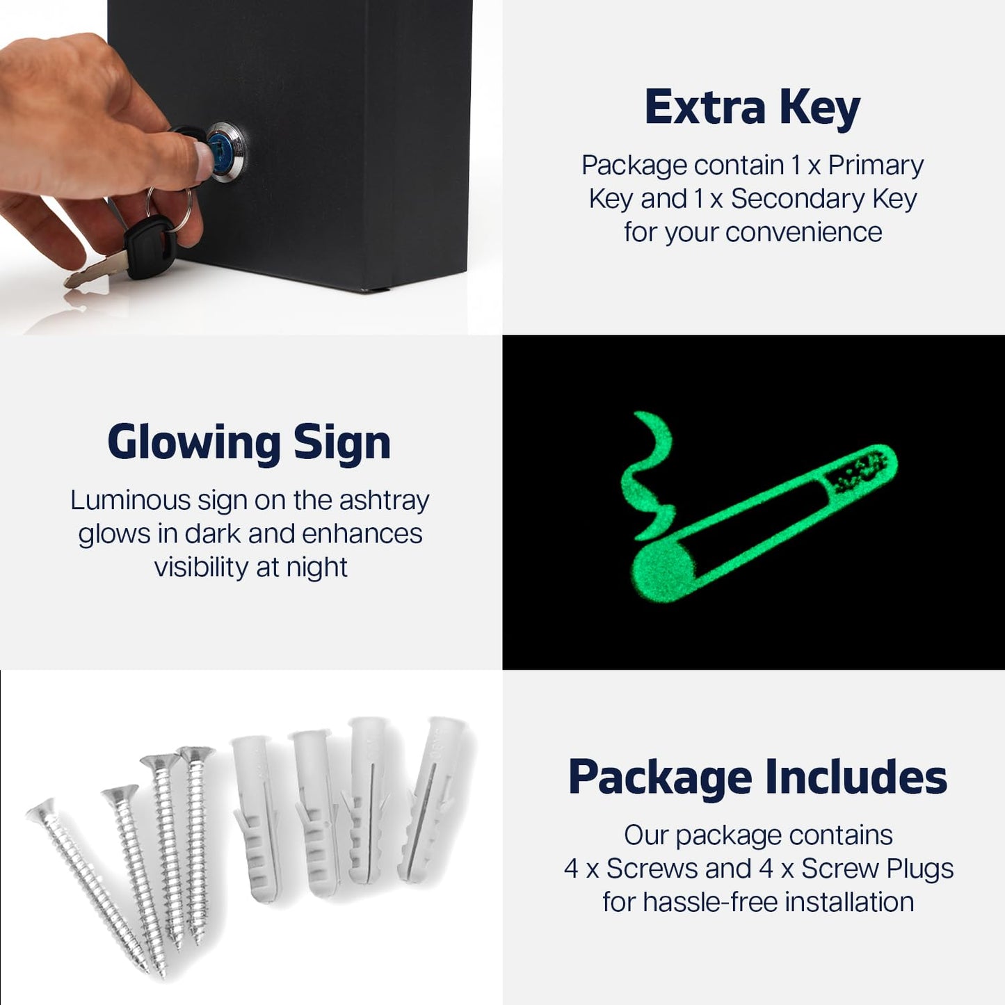 Outdoor Ashtray, Wall Mounted Ashtray, Lockable Cigarette Bin Outdoor, Galvanized Metal Smoking Box for Pub Club, Garden, Office - Outdoor Cigarette Ash Bin, Ash Tray with Luminous Cigarette Motif