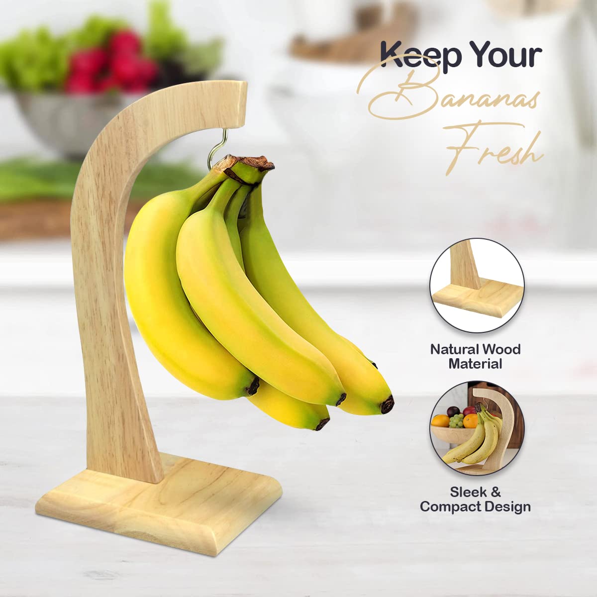 Banana Holder with Durable Hook - 100% Rubberwood