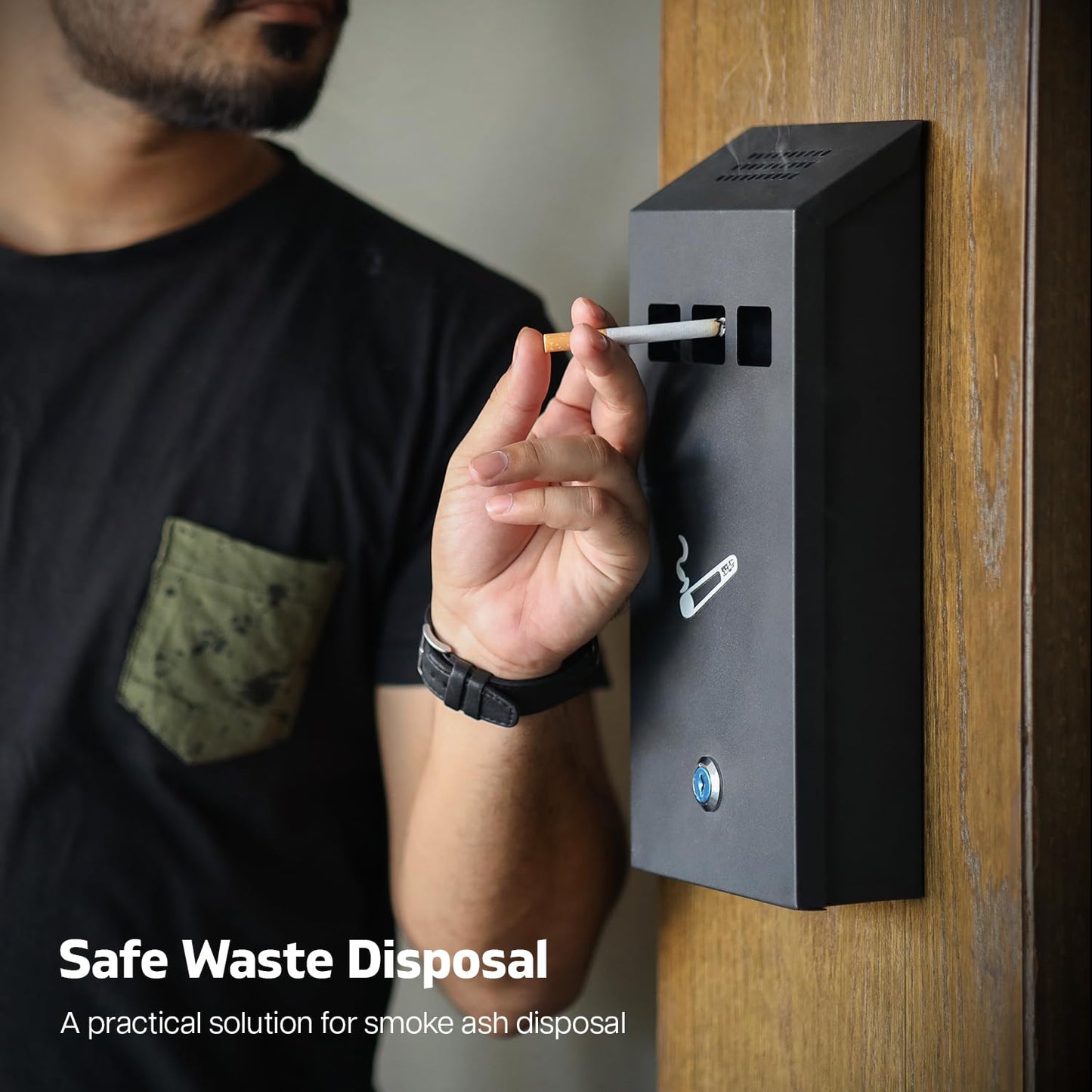 Outdoor Ashtray, Wall Mounted Ashtray, Lockable Cigarette Bin Outdoor, Galvanized Metal Smoking Box for Pub Club, Garden, Office - Outdoor Cigarette Ash Bin, Ash Tray with Luminous Cigarette Motif