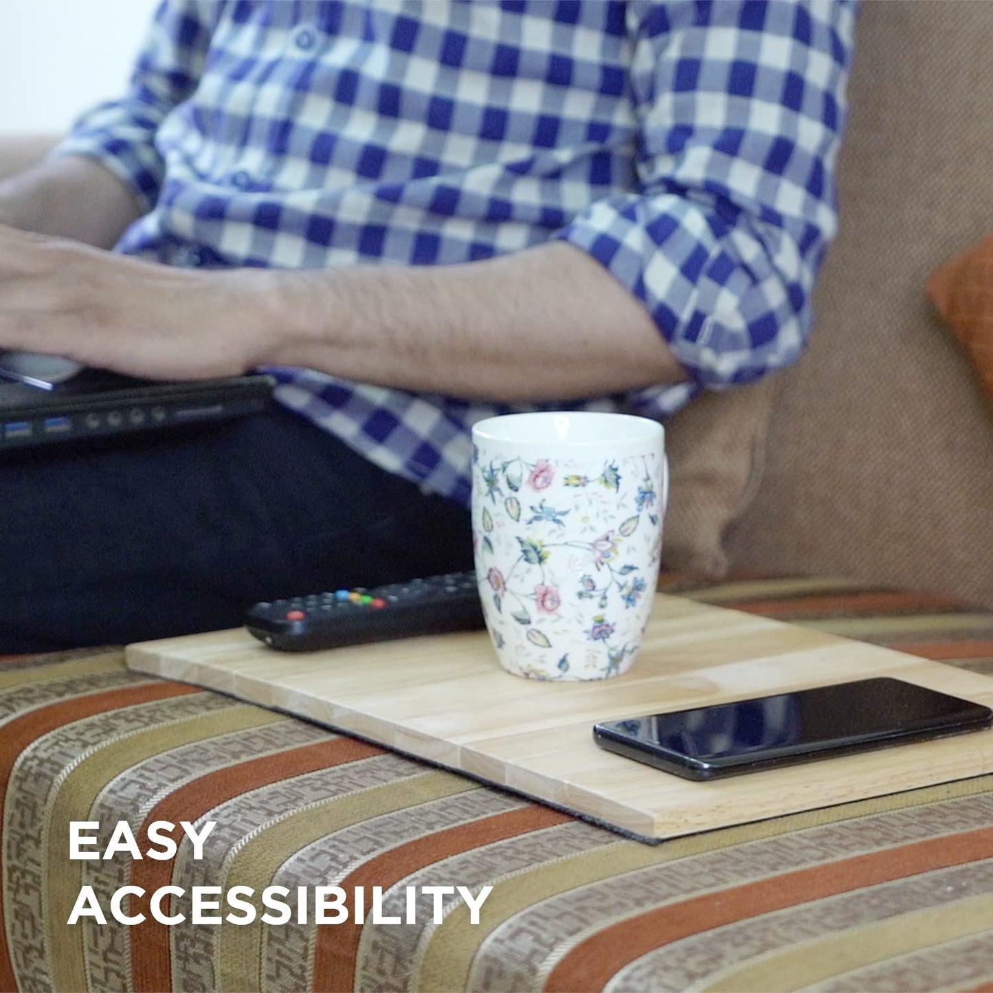 Sofa Arm Tray, Foldable Couch Tray Wooden Armrest Tray, Sofa Tray & Organiser for Drinks, Snack, Magazine, and Remote - Square Couch Protector Tray with Non-Slip Backing – Armrest Tray (Brown)