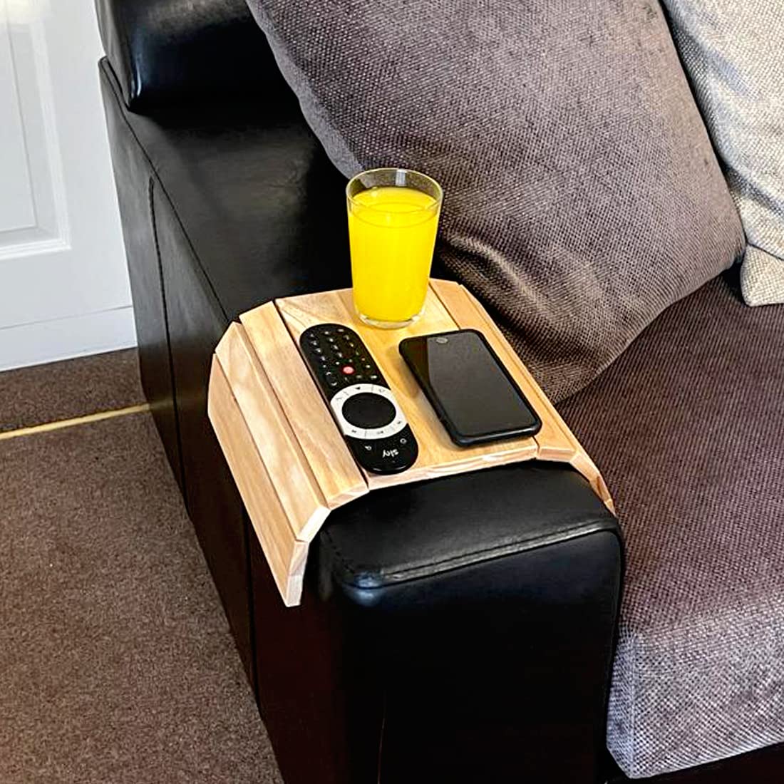 Sofa Arm Tray, Foldable Couch Tray Wooden Armrest Tray, Sofa Tray & Organiser for Drinks, Snack, Magazine, and Remote - Square Couch Protector Tray with Non-Slip Backing – Armrest Tray (Brown)