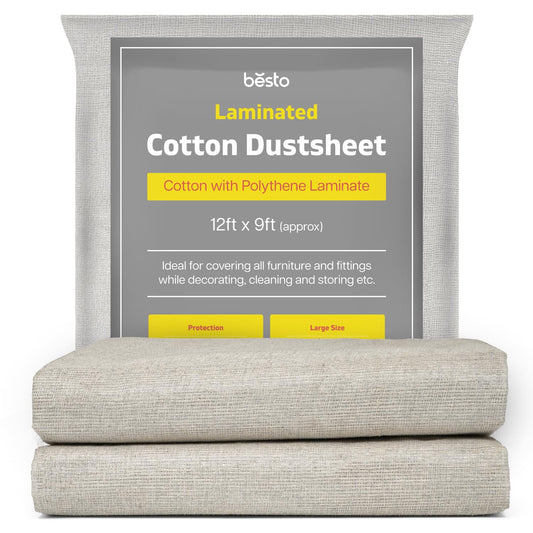 Pack of 2 Laminated Cotton Dust Sheets for Decorating, Waterproof 12ft x 9ft Dust Sheets Twill Laminated Polythene Backed Reusable Paint Sheets for Furniture, Floor, Staircase and DIY Projects
