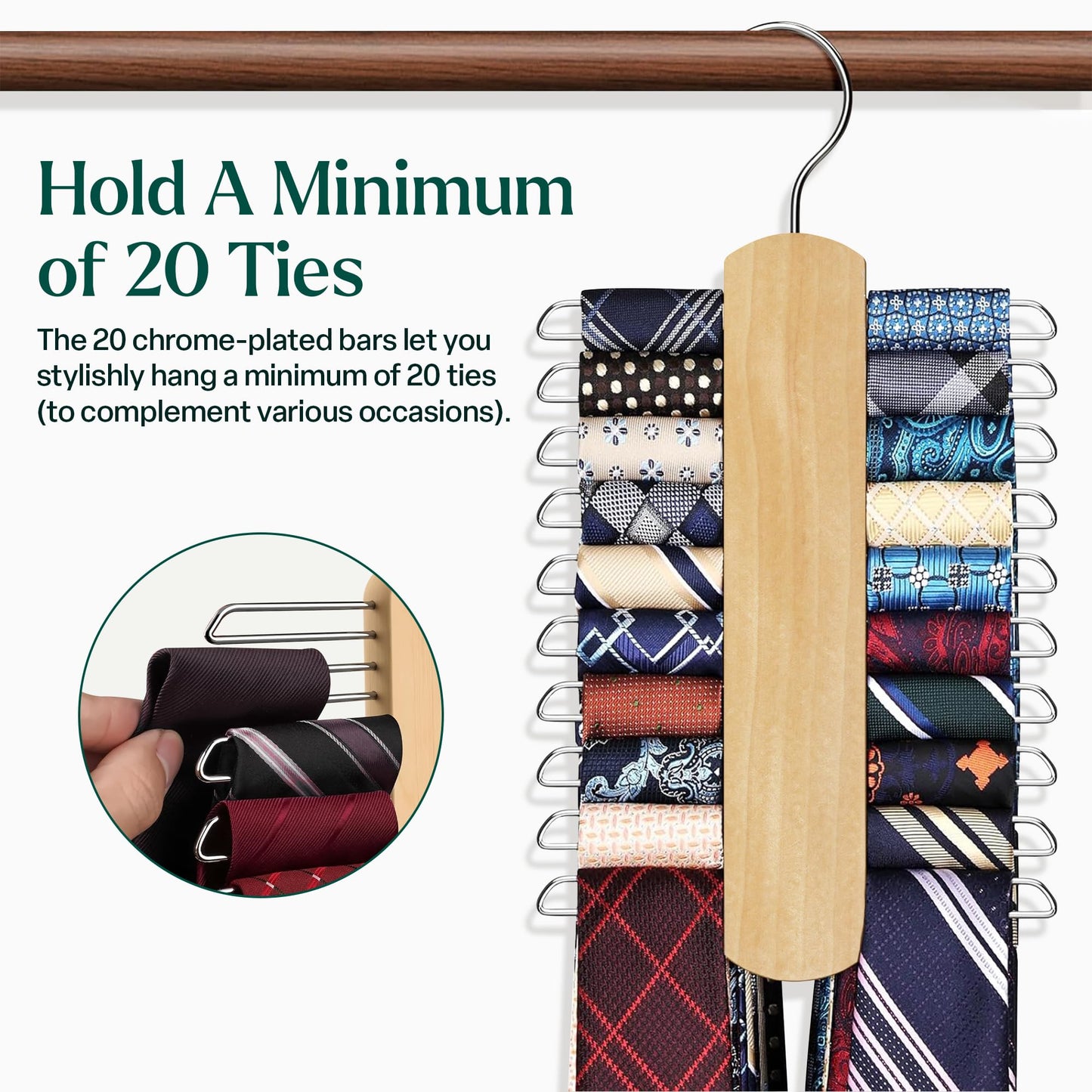 Wooden Tie Hangers as Wardrobe Organiser - 20 Chrome Bars