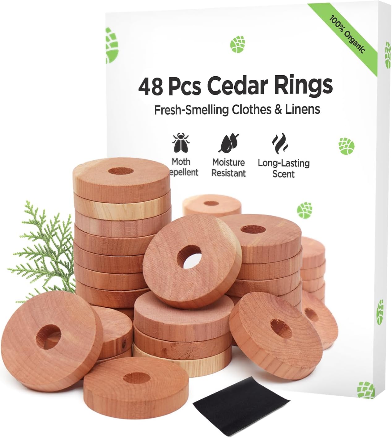 Moth Repellent for Wardrobes 48 Cedar Rings for Clothes, Drawers, Storage Boxes - 100% Natural Cedarwood