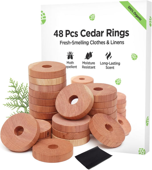 Moth Repellent for Wardrobes 48 Cedar Rings for Clothes, Drawers, Storage Boxes - 100% Natural Cedarwood