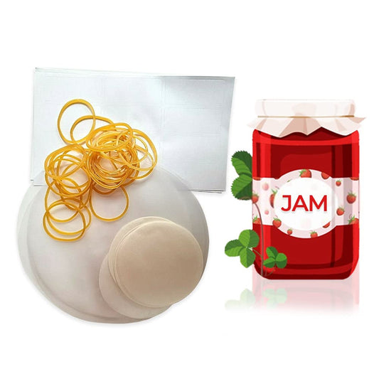 24 x 1lb Jam Pot Covers Labels with Elastic Rubber jam Jar covers and wax discs (1lb Jam Pot Covers)