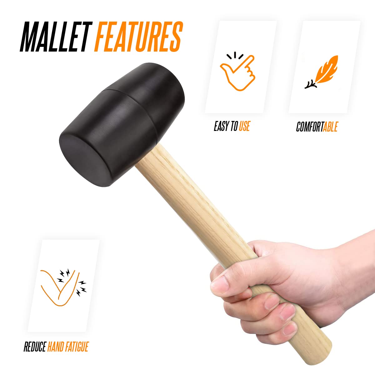 Black Large Rubber Mallet 16oz with Wooden Handle