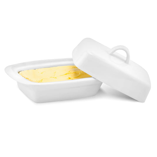 Besto Ceramic Butter Dish with Lid Large | White Butter Container for Countertop 17.5L X 9W X 11.5H (cm) | Ceramic Butter Dishes with Handle | Butter Storage Container for Refrigerator with Lid