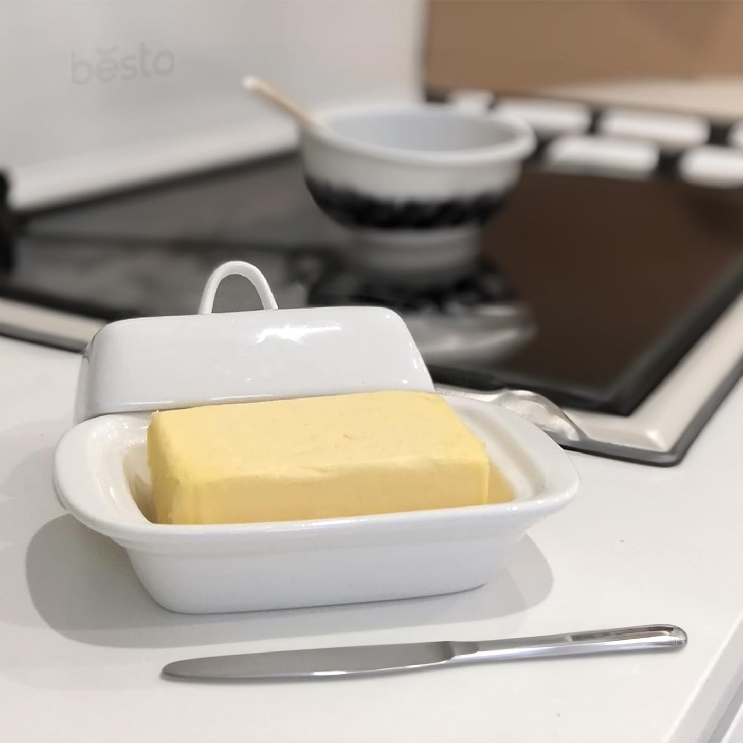 Besto Ceramic Butter Dish with Lid Large | White Butter Container for Countertop 17.5L X 9W X 11.5H (cm) | Ceramic Butter Dishes with Handle | Butter Storage Container for Refrigerator with Lid
