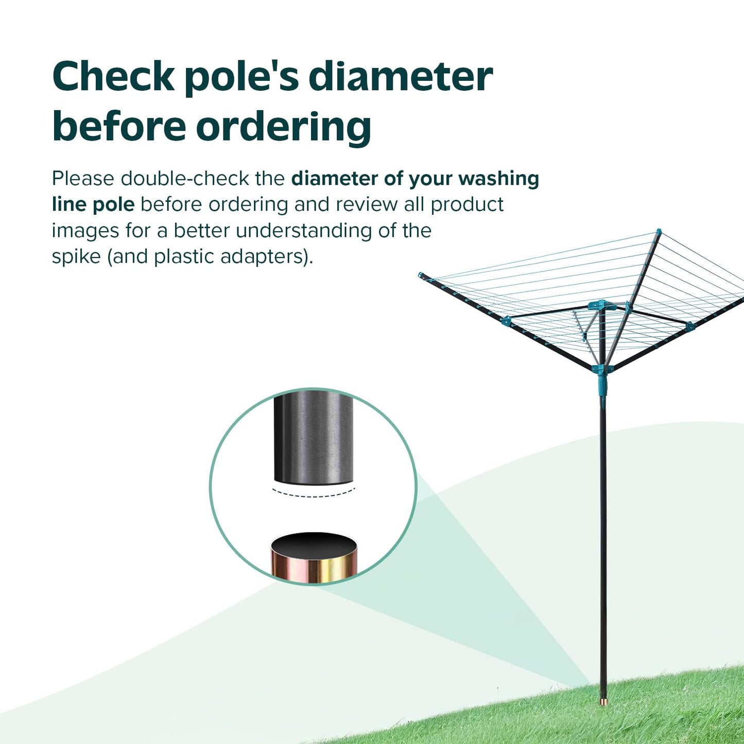 Rotary Washing Line Spike with 2x Plastic Adapters (32mm & 40mm)