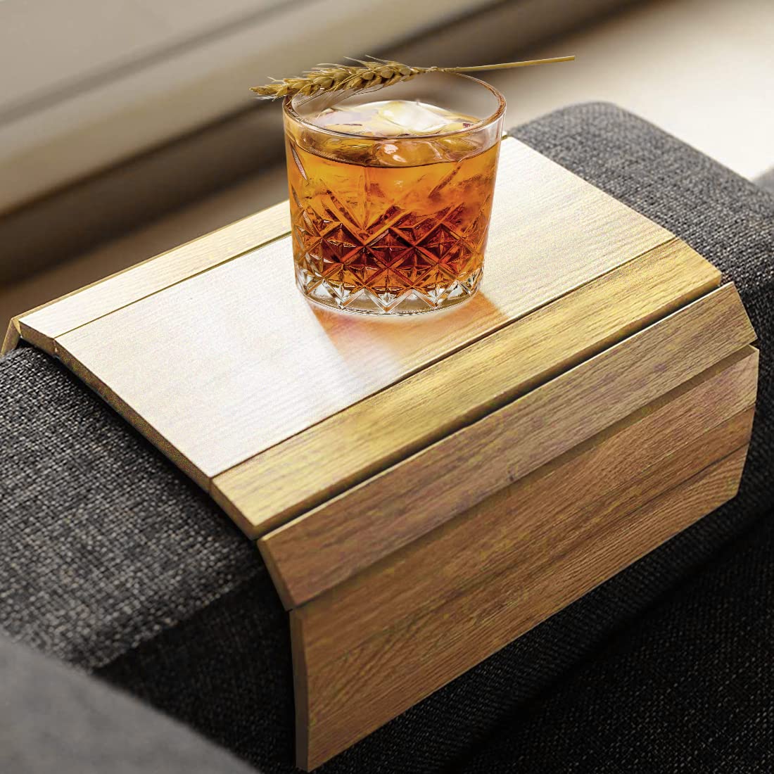 Sofa Arm Tray, Foldable Couch Tray Wooden Armrest Tray, Sofa Tray & Organiser for Drinks, Snack, Magazine, and Remote - Square Couch Protector Tray with Non-Slip Backing – Armrest Tray (Brown)