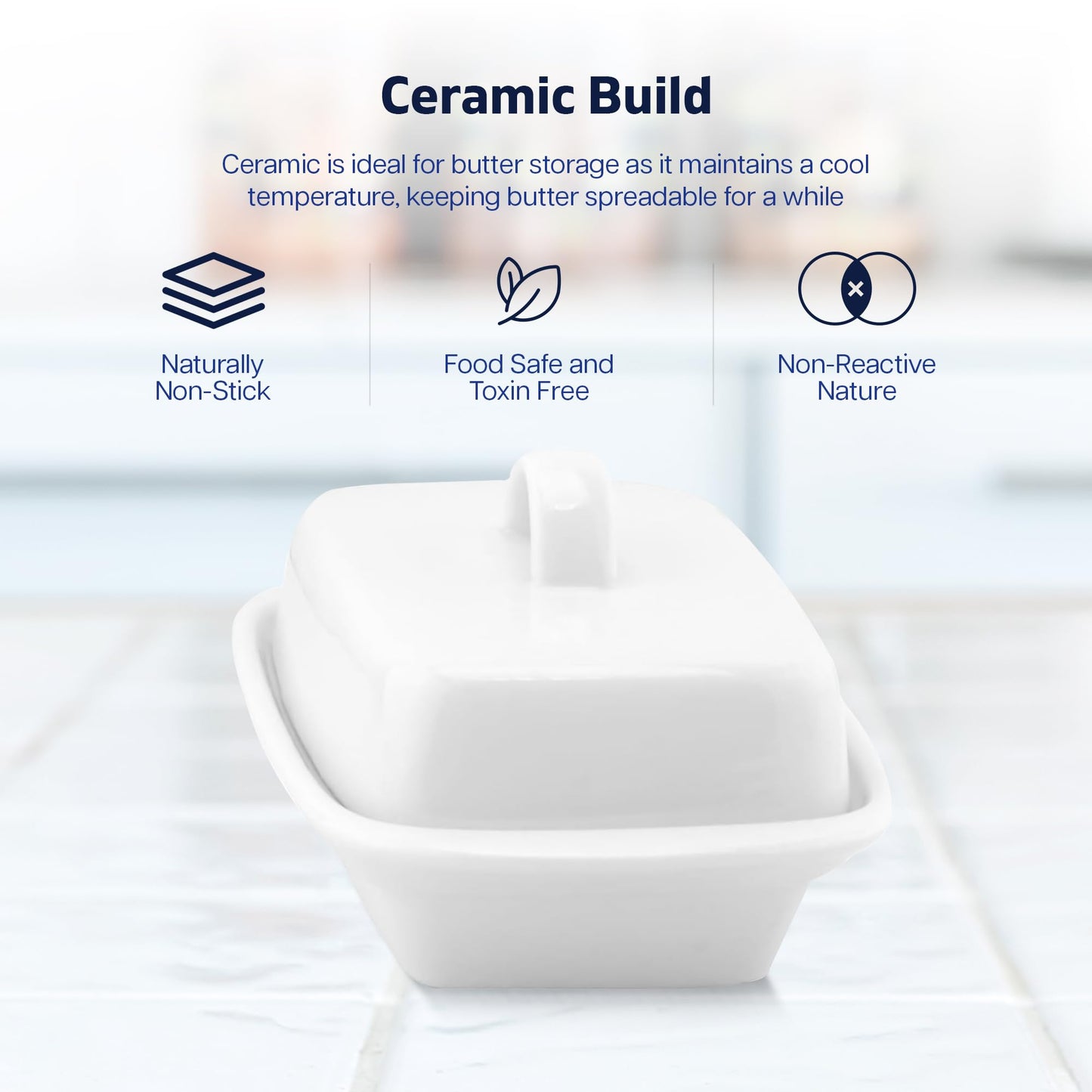 Besto Ceramic Butter Dish with Lid Large | White Butter Container for Countertop 17.5L X 9W X 11.5H (cm) | Ceramic Butter Dishes with Handle | Butter Storage Container for Refrigerator with Lid