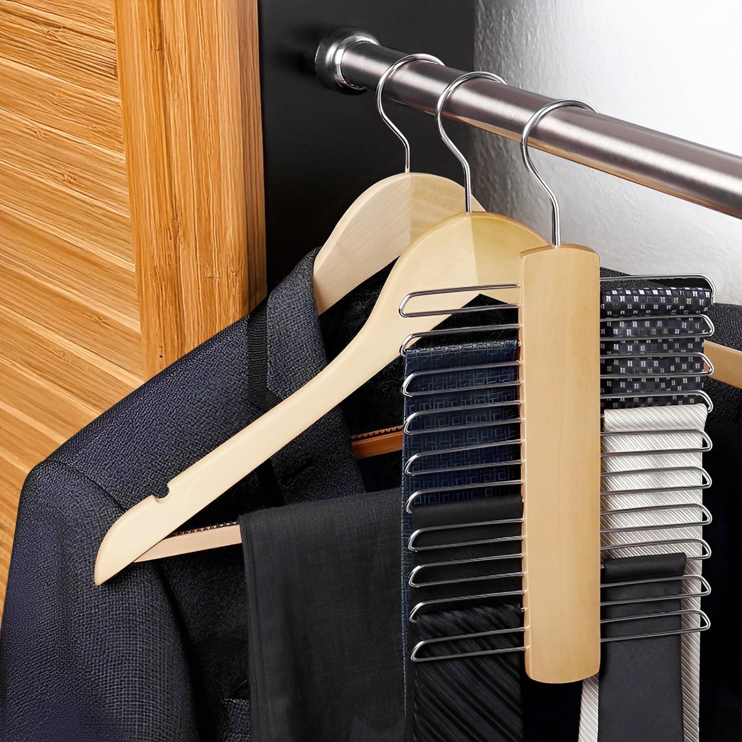 Wooden Tie Hangers as Wardrobe Organiser - 20 Chrome Bars